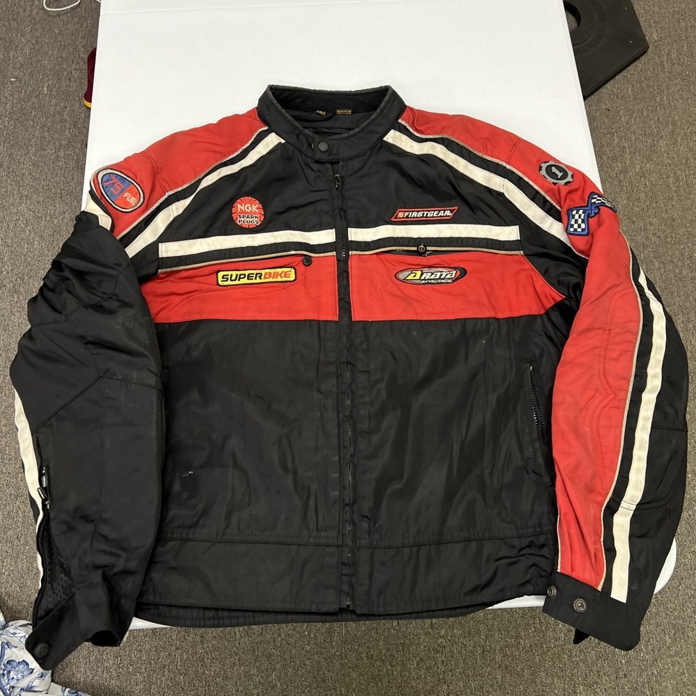 Firstgear Motorcycle Jacket Men 2XLT Red Black Racing Patches Padded Riding Gear
